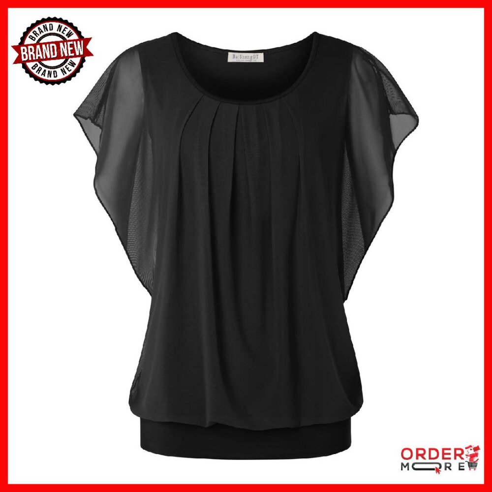 Flutter Sleeve Pleated Mesh Blouse - Summer Dressy Casual Top